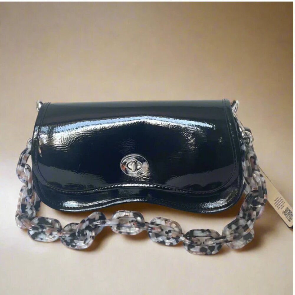 Coach Wavy Dinky Bag Crinkle Patent Coachtopia Leather Black Cq056 Crossbody